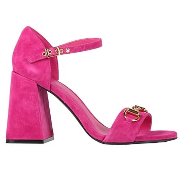 JEFFREY CAMPBELL NWOB Pop-Star-B Block Heel Fuchsia Pink Gold Suede Sandals 10 - Picture 1 of 8